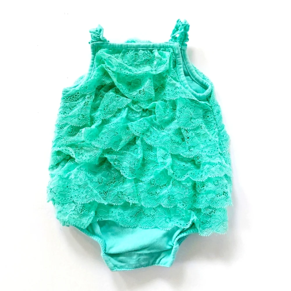 Mint/Aqua/Sea Green Lace Ruffle Romper size 3m Cherokee